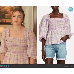 💕GANNI💕 Smocked Seersucker Plaid Top ~ Orchid Bloom Checked Print 44 EU NWT